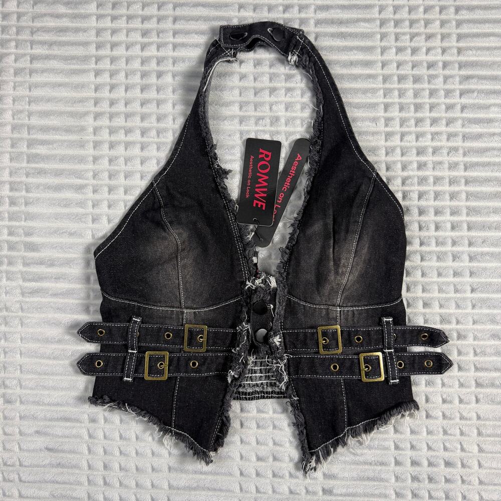 NWT ROMWE Hippie Fringe Cami Top Womens Large Denim Backless Metal Decor Y2K
